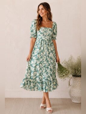 Ivy City Co Floral Midi Dress 1X Puff Sleeve Smocked Cottagecore Viscose Blend